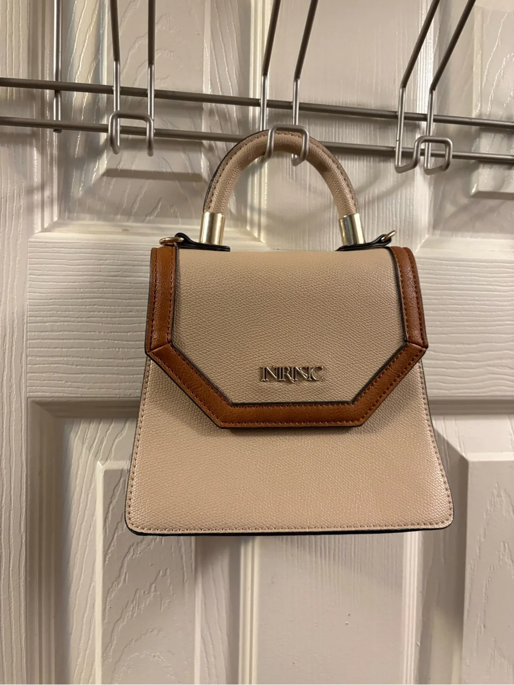 NinRsc Beige & Brown Structured Top-Handle Bag
